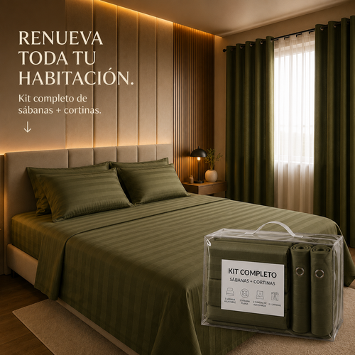 KIT HOTEL EN CASA™ Juego Completo de Sábanas + Cortinas