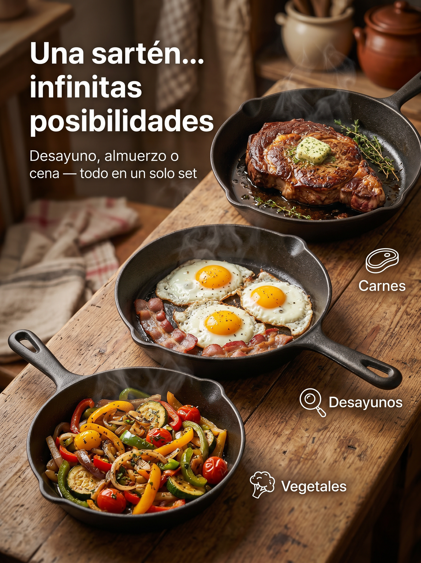 Set Completo de 3 Sartenes de Hierro Fundido + 🎁 2 Guías GRATIS