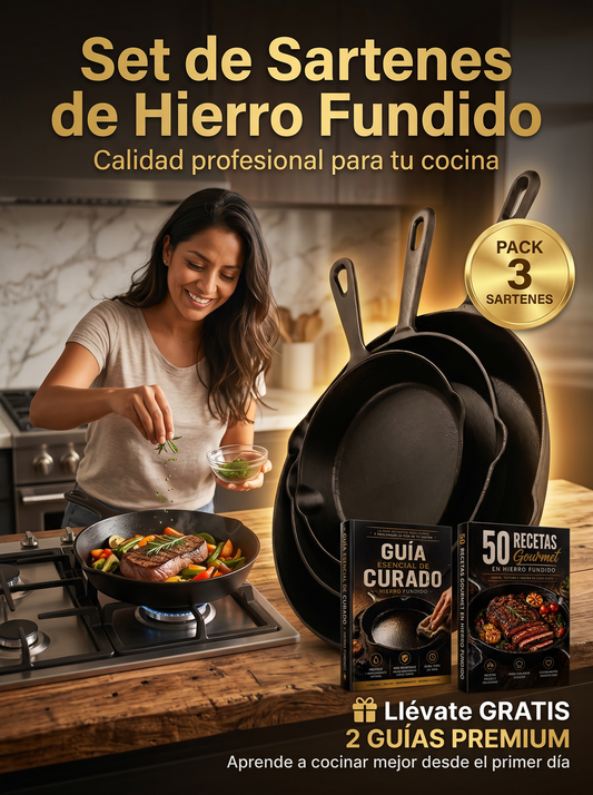 Set Completo de 3 Sartenes de Hierro Fundido + 🎁 2 Guías GRATIS